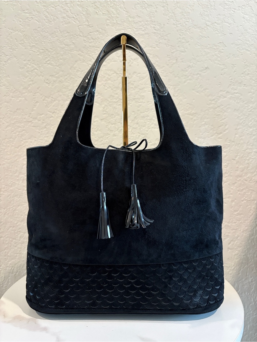 Salvatore Ferragamo Black Suede Leather Tote Bag with Tassels
